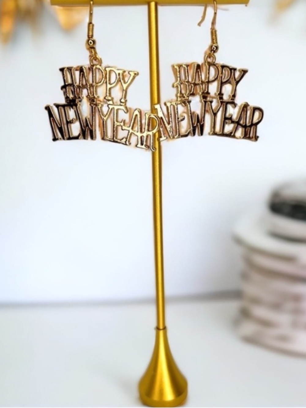 Festive Gold 'Happy New Year' Drop Earrings NWT EuroKatGifts - Picture 3 of 9